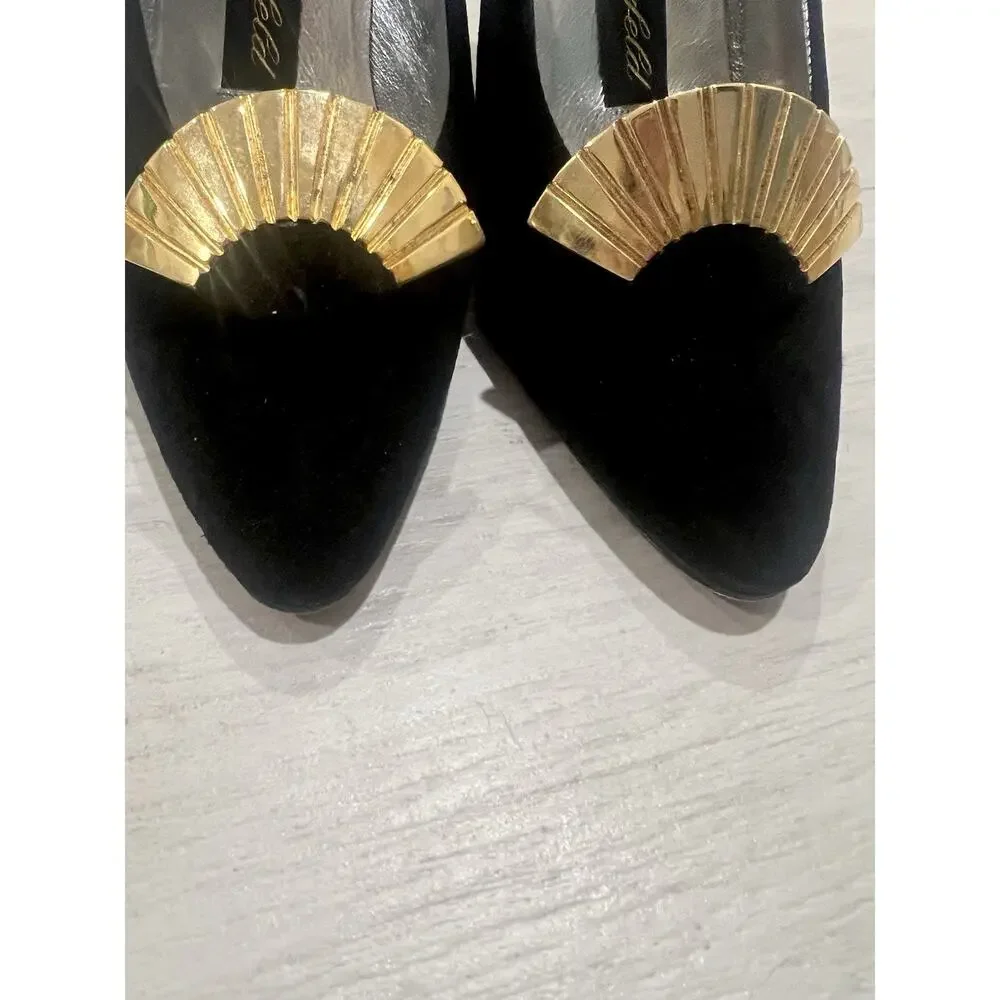 Vintage Karl Lagerfeld Black Suede Glamour Heels Gold Fan Accent Women Size 7